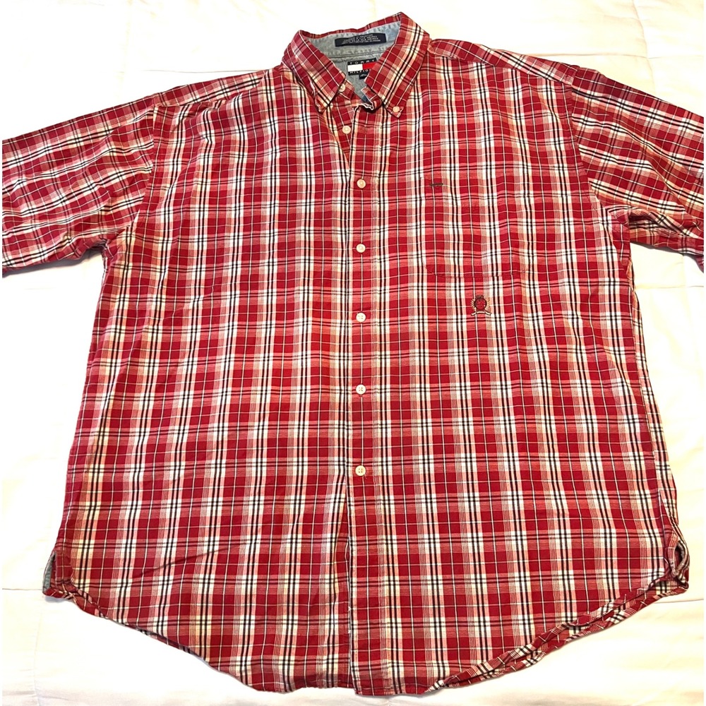 Vintage Tommy Hilfiger XL Red Plaid Button Down Shirt 90s Preppy Flag Logo